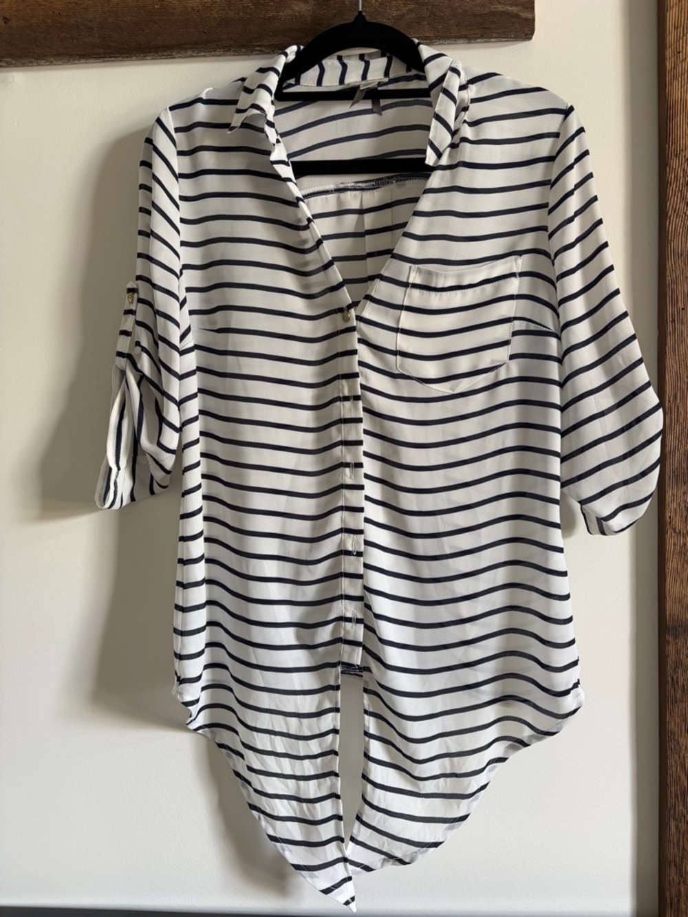 Dynamite White and Navy Striped Button-Up Blouse
